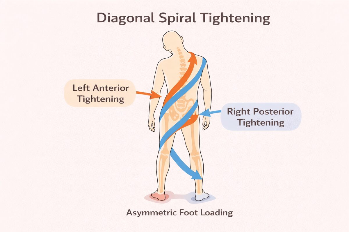 Diagonal spiral tightening diagram showing left anterior and right posterior tightening with asymmetric foot loading