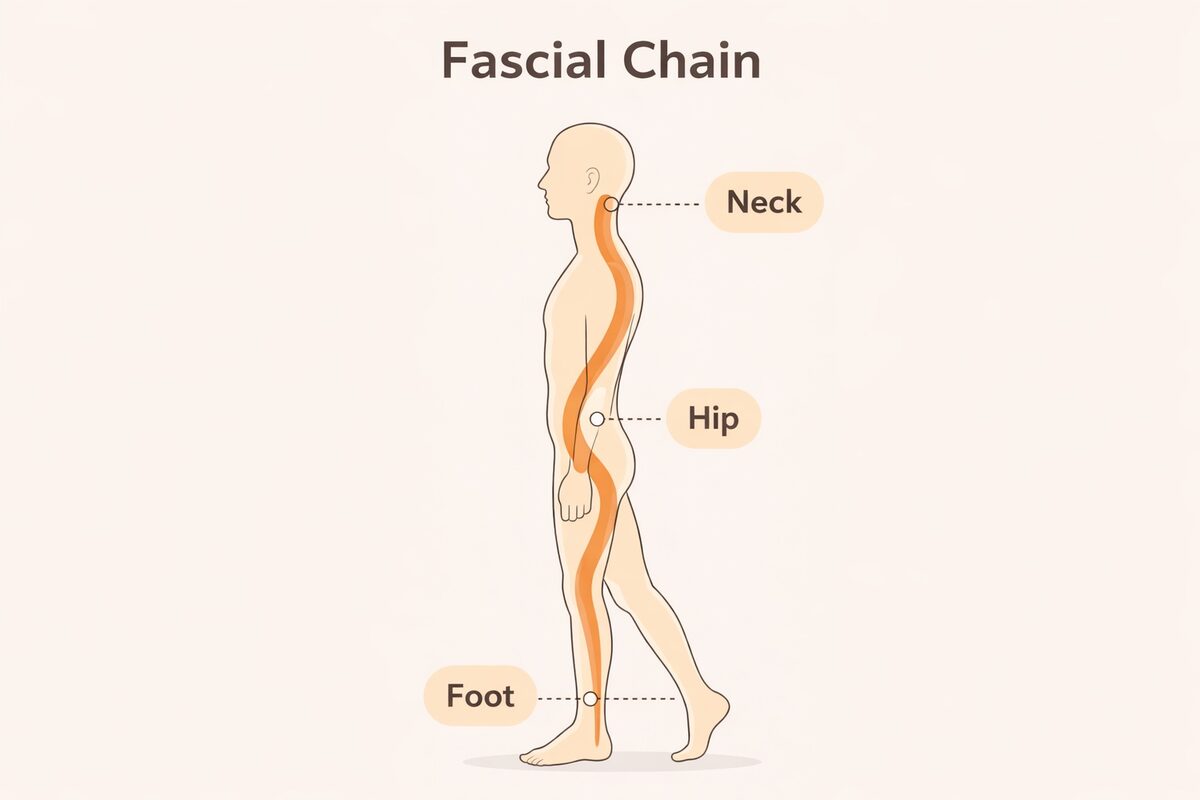 Diagram showing the fascial chain connection from neck to hip to foot