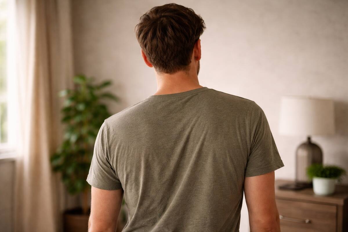 Rear view of person showing uneven shoulder height