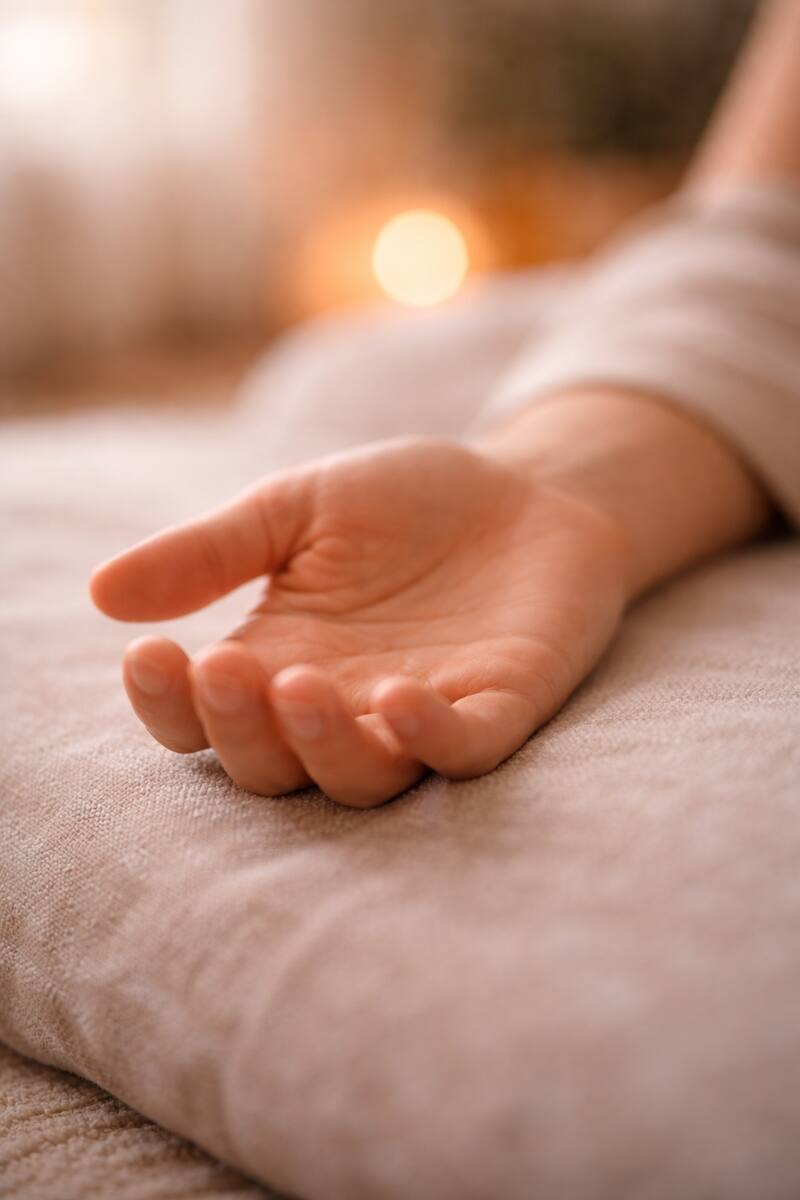 Open relaxed hand resting on massage table in soft release — body letting go during somatic bodywork session