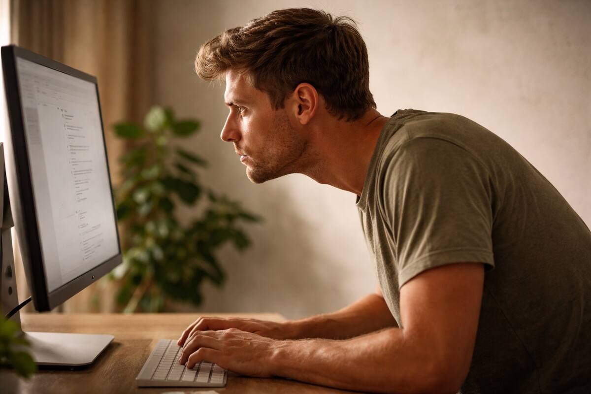 Side profile of person at desk with head forward — forward head posture